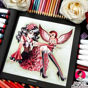 Colored artwork of Companions, a design from Gothic Glamour: A Beautifully Dark Coloring Book by Mei Yu.