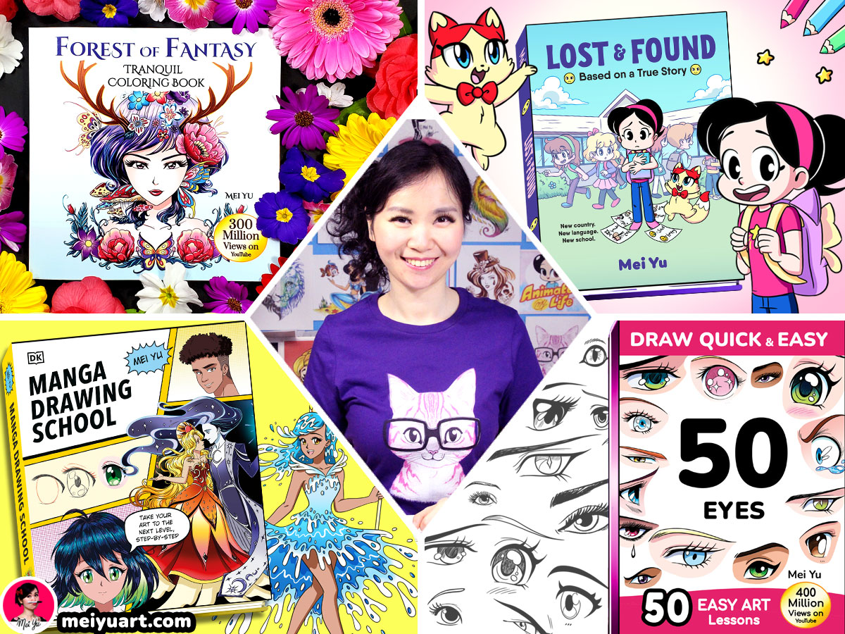 Photo of Mei Yu, with images of some of her coloring, how to draw, and art books all around.