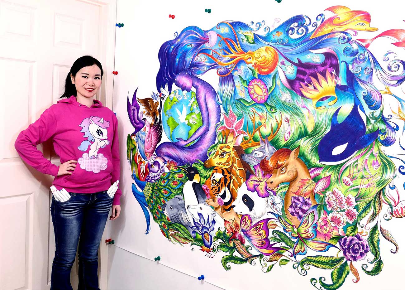 Photo of Mei Yu, bestselling Amazon author and popular online artist,
				with one of her artworks.