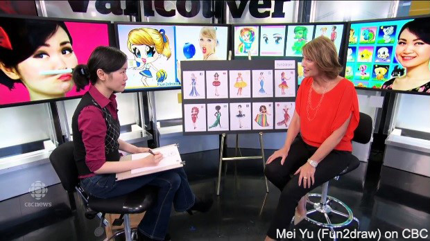 Screencap from CBC's Our Vancouver segment, featuring some of Mei Yu's art from her 
				Fun2draw channel.