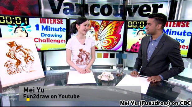 Screencap from CBC's Our Vancouver segment, where Mei Yu draws with coffee and features her 
				artwork from her Paint with Coffee Fun Friday art challenge video.