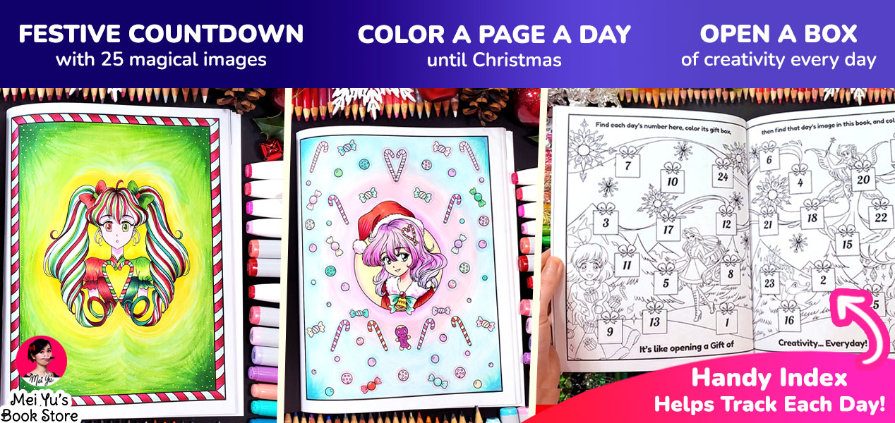 Feature image for Mei Yu's Christmas advent calendar coloring books.