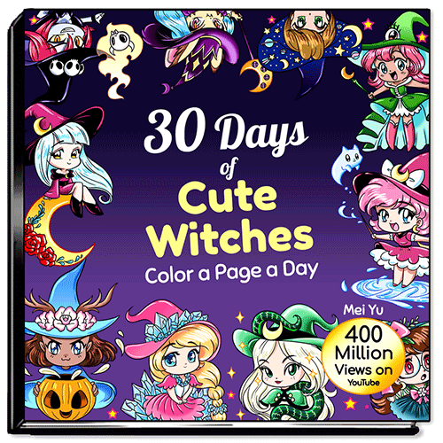 Cover of 30 Days of Cute Witches, a daily coloring book by Mei Yu.