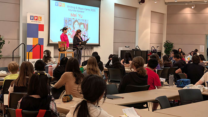 Mei Yu delivering her keynote presentation at the VPL Writing and Book Camp 2025.