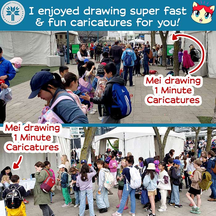 Mei Yu at the Forest of Reading 2025 festival in Toronto, drawing caricatures for attendees.