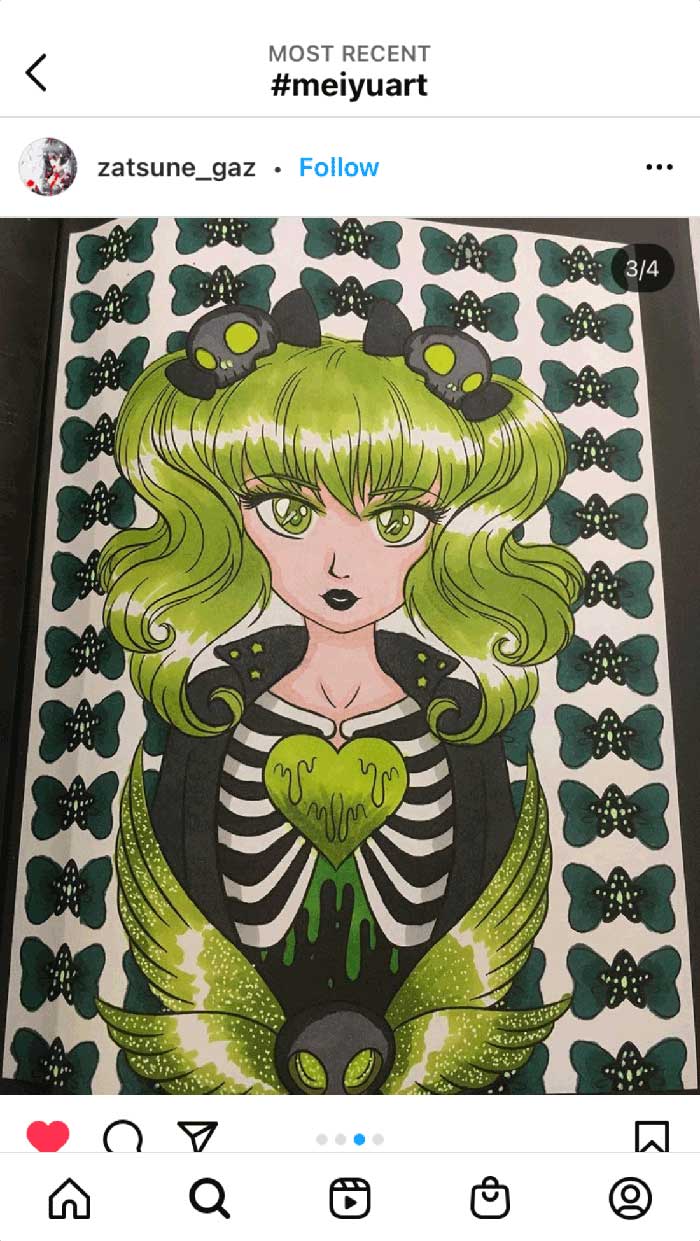 Fan coloring from Mei Yu's coloring books, featuring a cute goth girl.