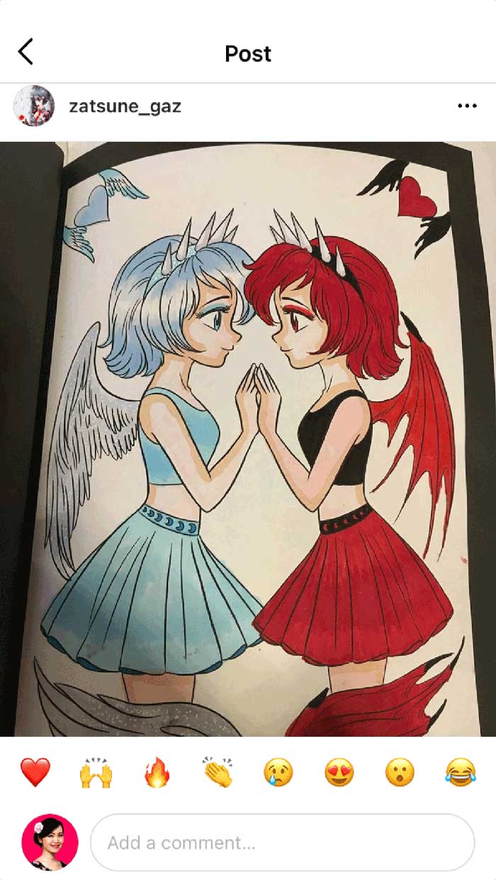 Fan coloring from Mei Yu's coloring books, featuring twin angel and devil girls.