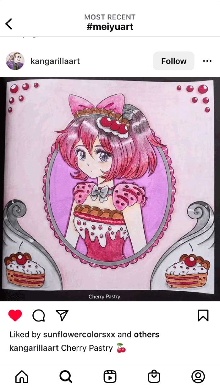 Fan coloring from Mei Yu's coloring books, featuring an anime/manga food girl.