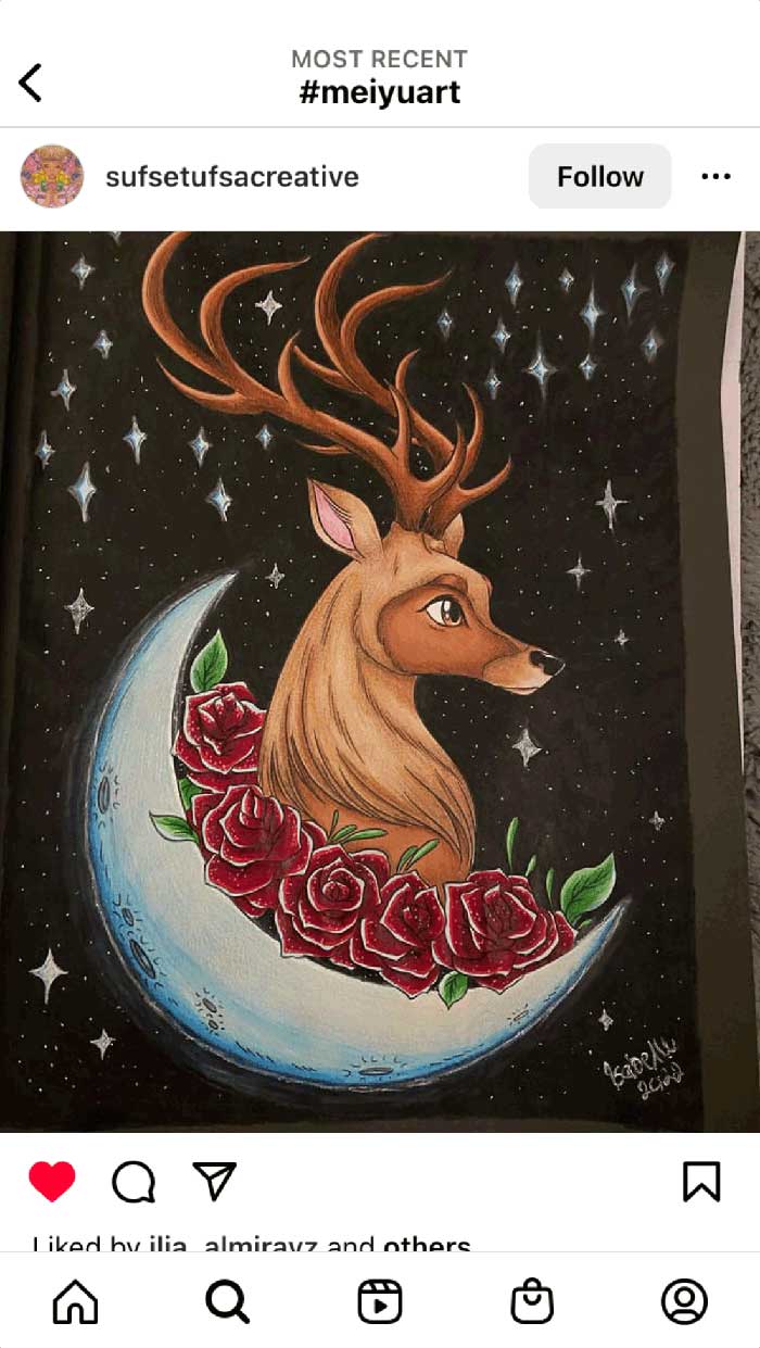 Fan coloring from Mei Yu's coloring books, featuring a fantasy design of a deer with a crescent moon.
