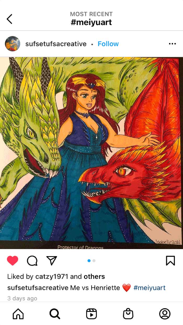 Fan coloring from Mei Yu's coloring books, featuring a fantasy princess with her dragons.