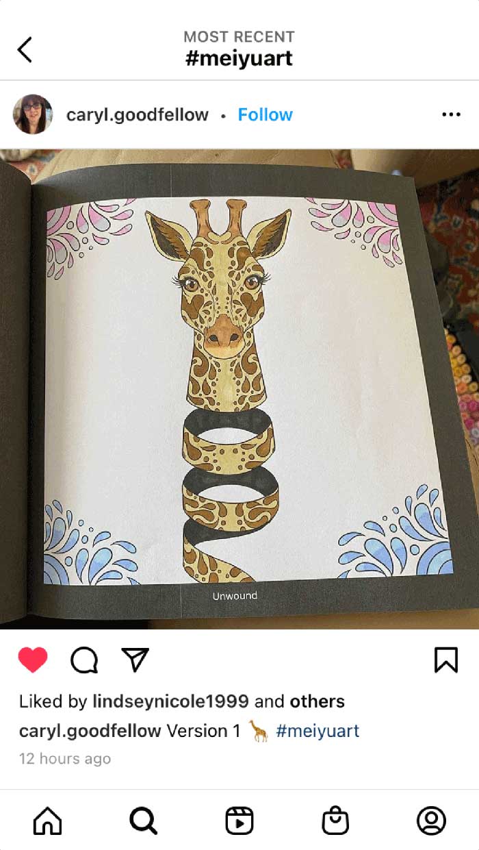 Fan coloring from Mei Yu's coloring books, featuring a surreal design of a giraffe.