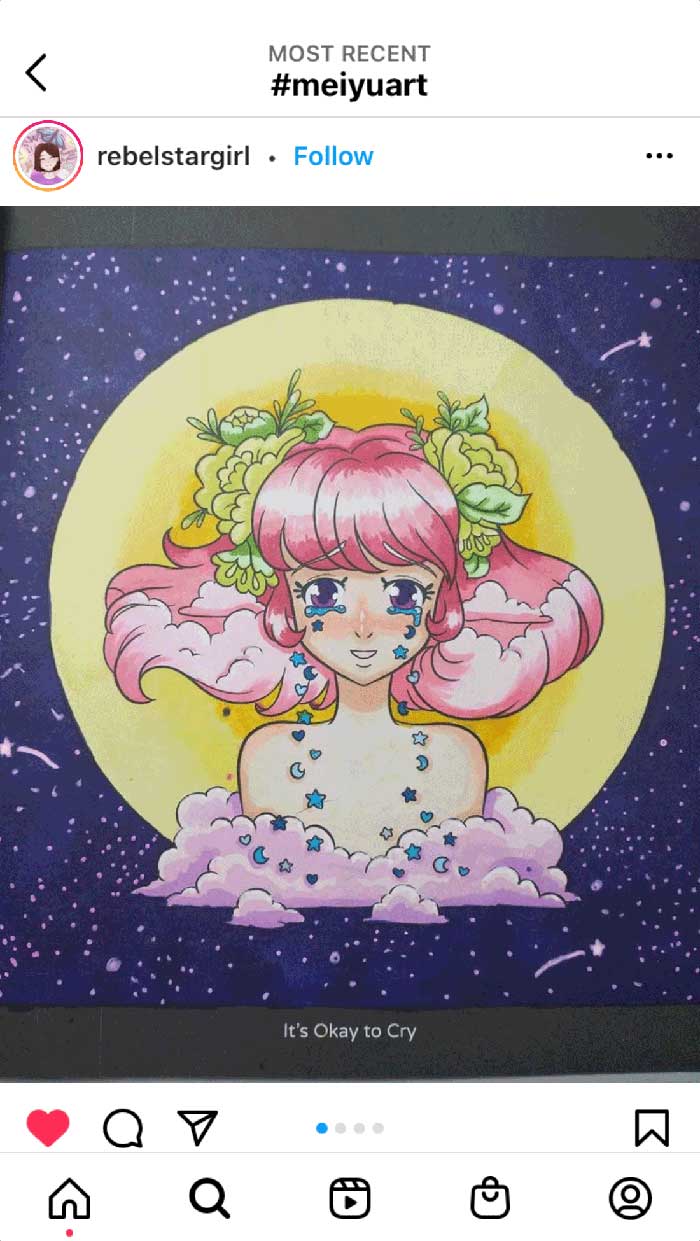 Fan coloring from Mei Yu's coloring books, featuring an emotional design of a crying girl.