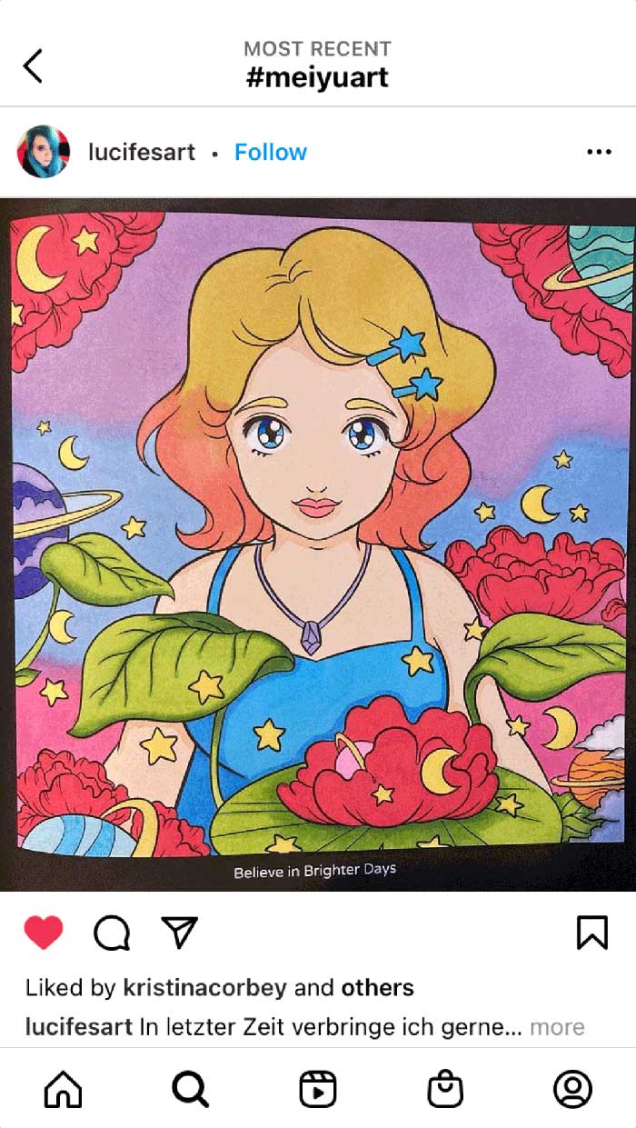 Fan coloring from Mei Yu's coloring books, featuring a beautiful girl amongst plants and planets.