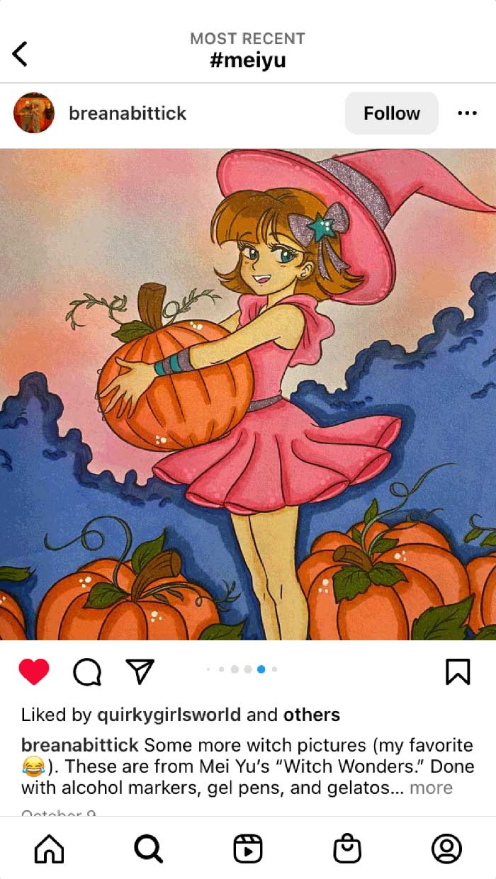 Fan coloring from Mei Yu's coloring books, featuring a cute witch girl with a pumpkin.