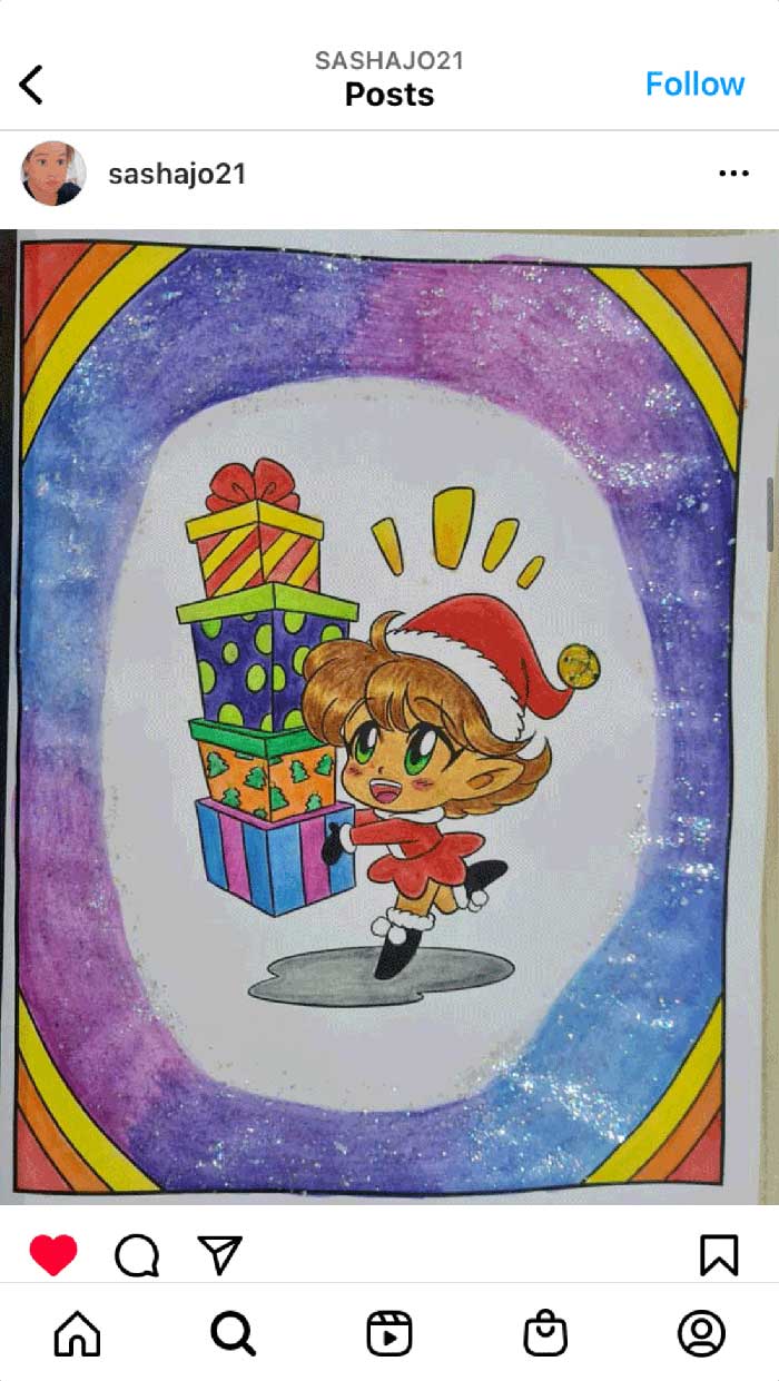 Fan coloring from Mei Yu's coloring books, featuring a cute Santa elf girl carrying a stack of gifts.