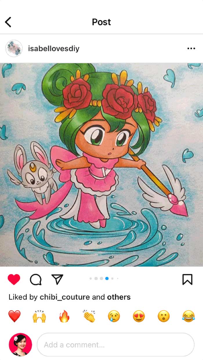 Fan coloring from Mei Yu's coloring books, featuring a cute chibi magical girl.