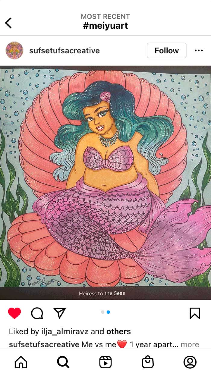 Fan coloring from Mei Yu's coloring books, featuring a curvy mermaid.