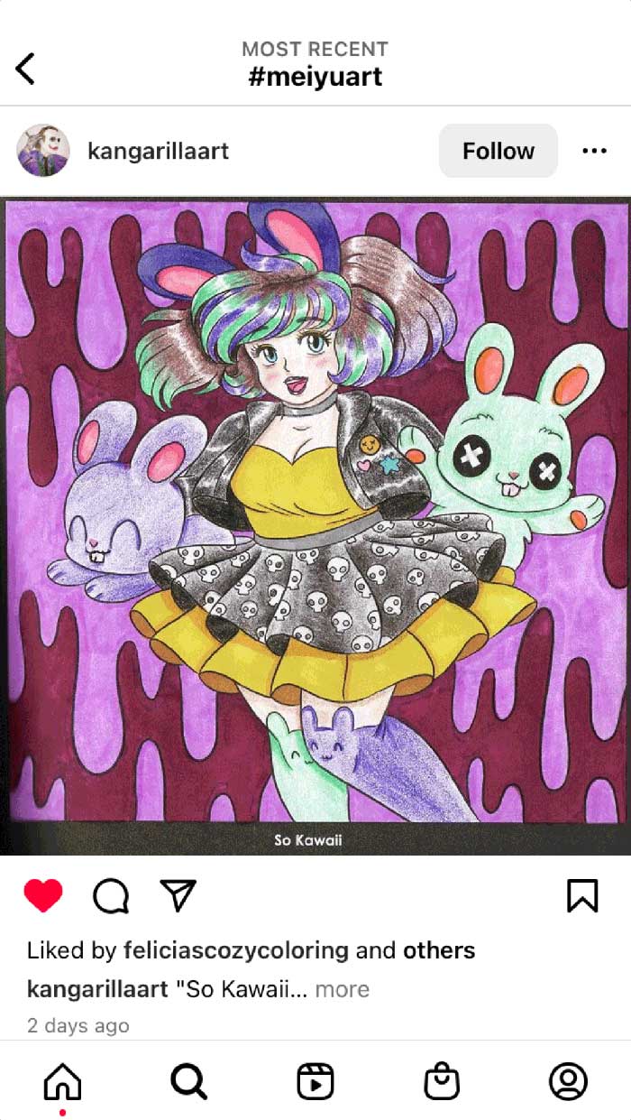 Fan coloring from Mei Yu's coloring books, featuring a gothic girl and her pet bunnies.
