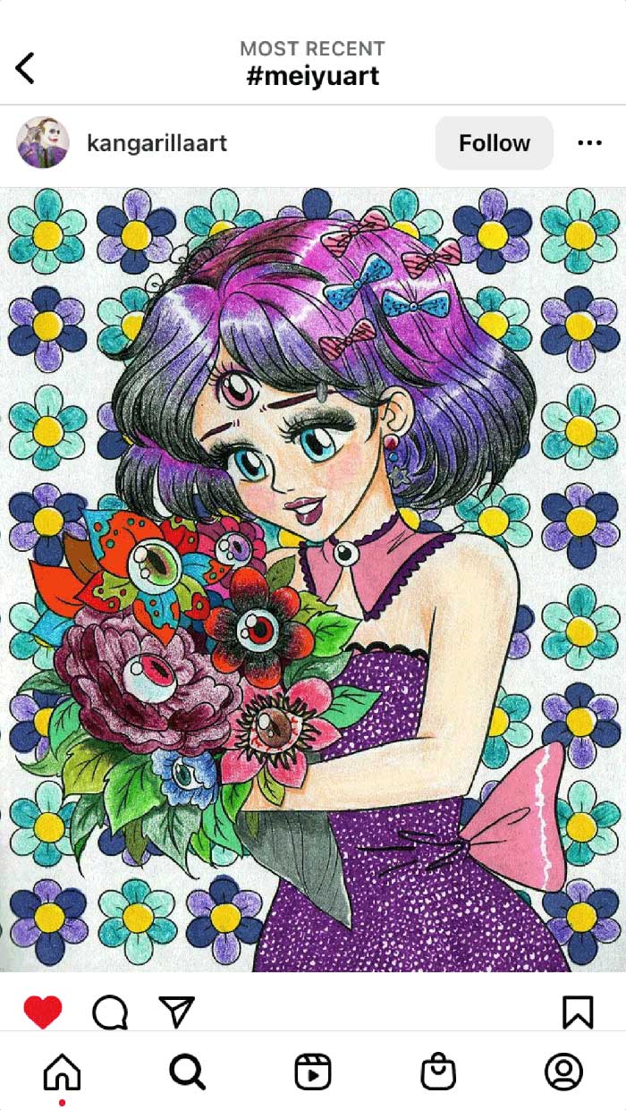 Fan coloring from Mei Yu's coloring books, featuring a surreal image of a gothic girl with flowers.