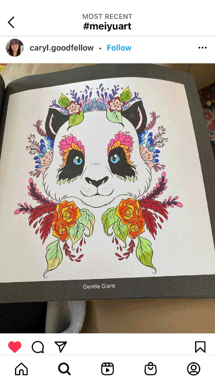Fan coloring from Mei Yu's coloring books, featuring an elegant fantasy panda design.