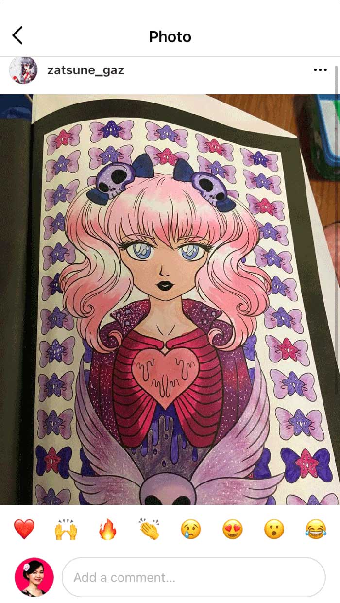 Fan coloring from Mei Yu's coloring books, featuring a goth girl design.