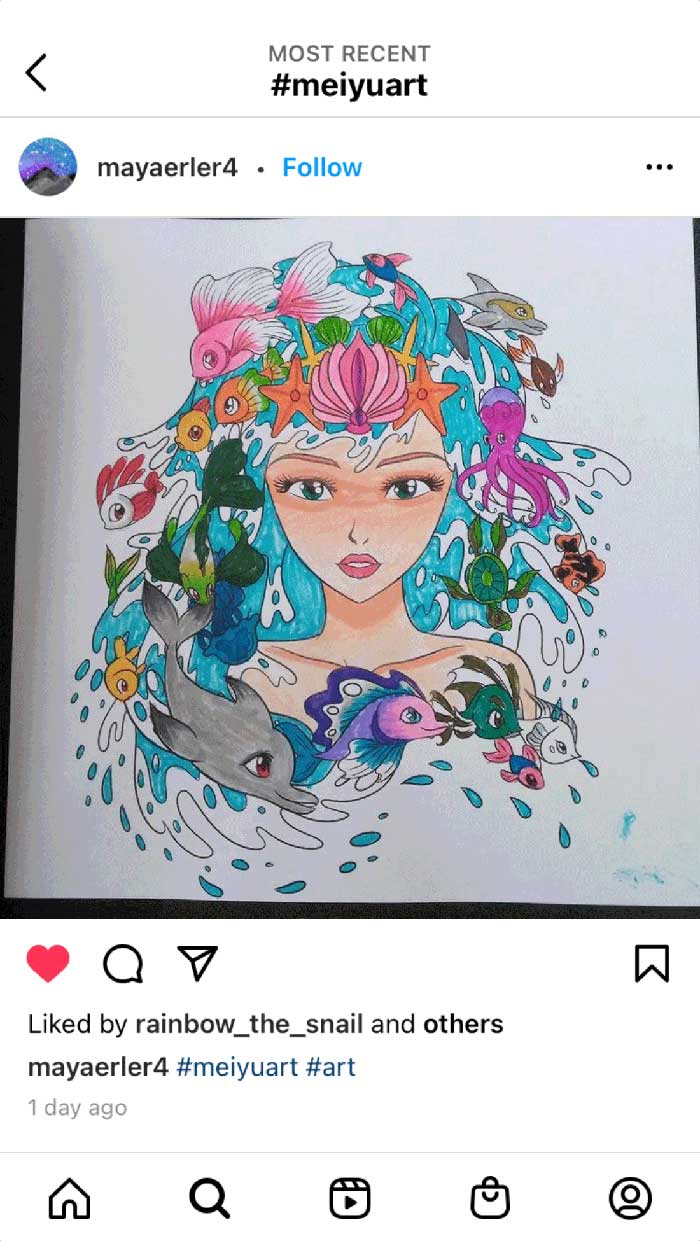 Fan coloring from Mei Yu's coloring books, featuring a goddess of the sea.