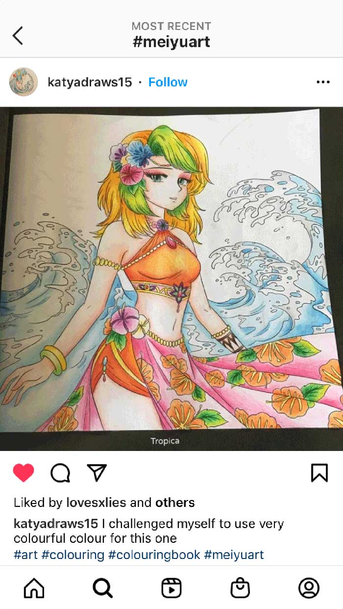 Fan coloring from Mei Yu's coloring books, featuring a girl in a tropical setting.