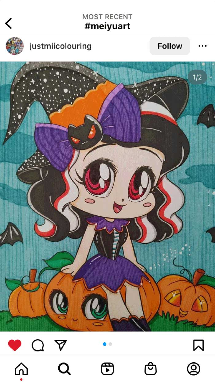 Fan coloring from Mei Yu's coloring books, featuring a cute Halloween witch girl chibi.