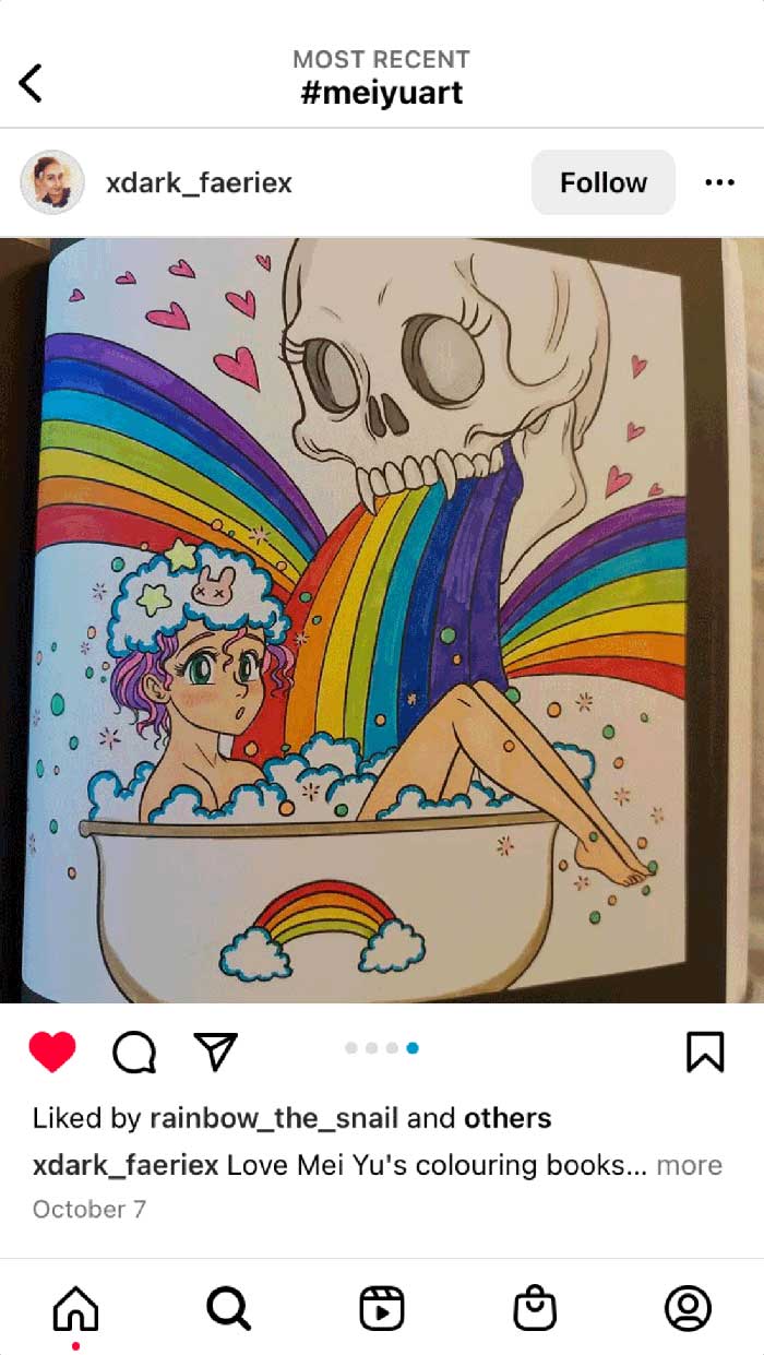 Fan coloring from Mei Yu's coloring books, featuring a surreal bath with a skull and rainbows all around.