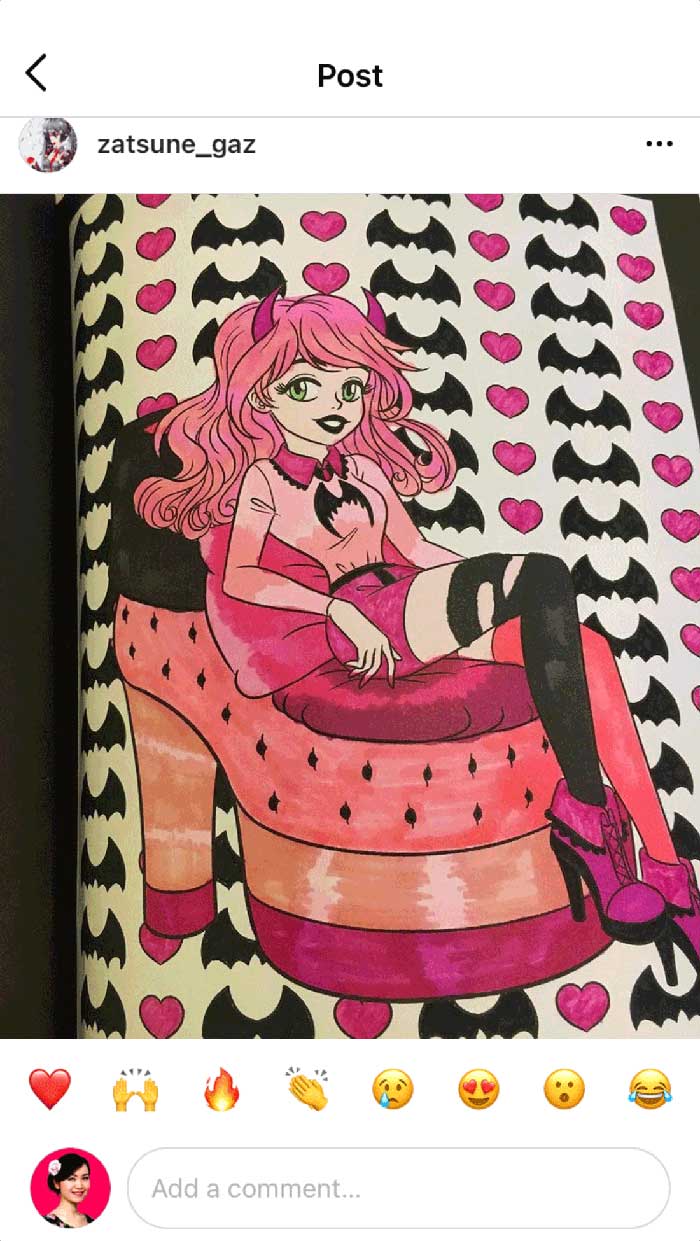 Fan coloring from Mei Yu's coloring books, featuring a beautiful gothic devil girl.