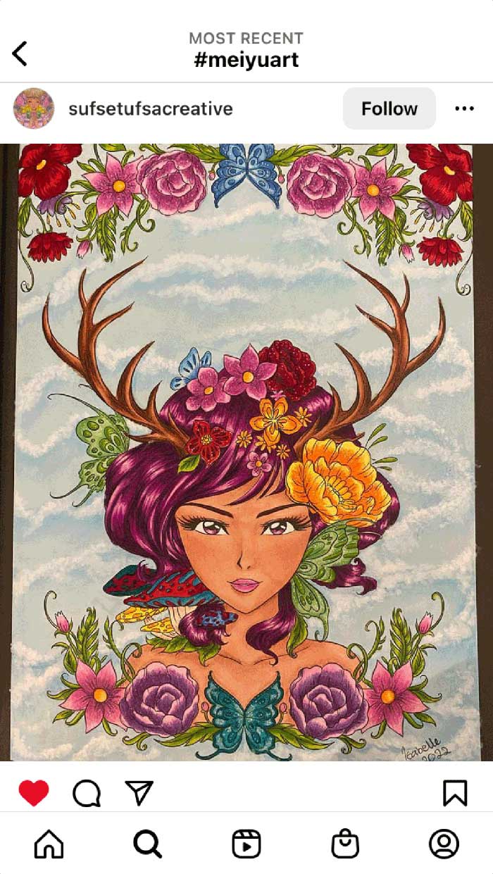 Fan coloring from Mei Yu's coloring books, featuring a forest goddess.