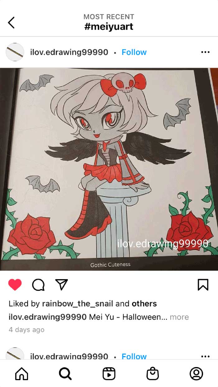 Fan coloring from Mei Yu's coloring books, featuring a cute chibi gothic girl.