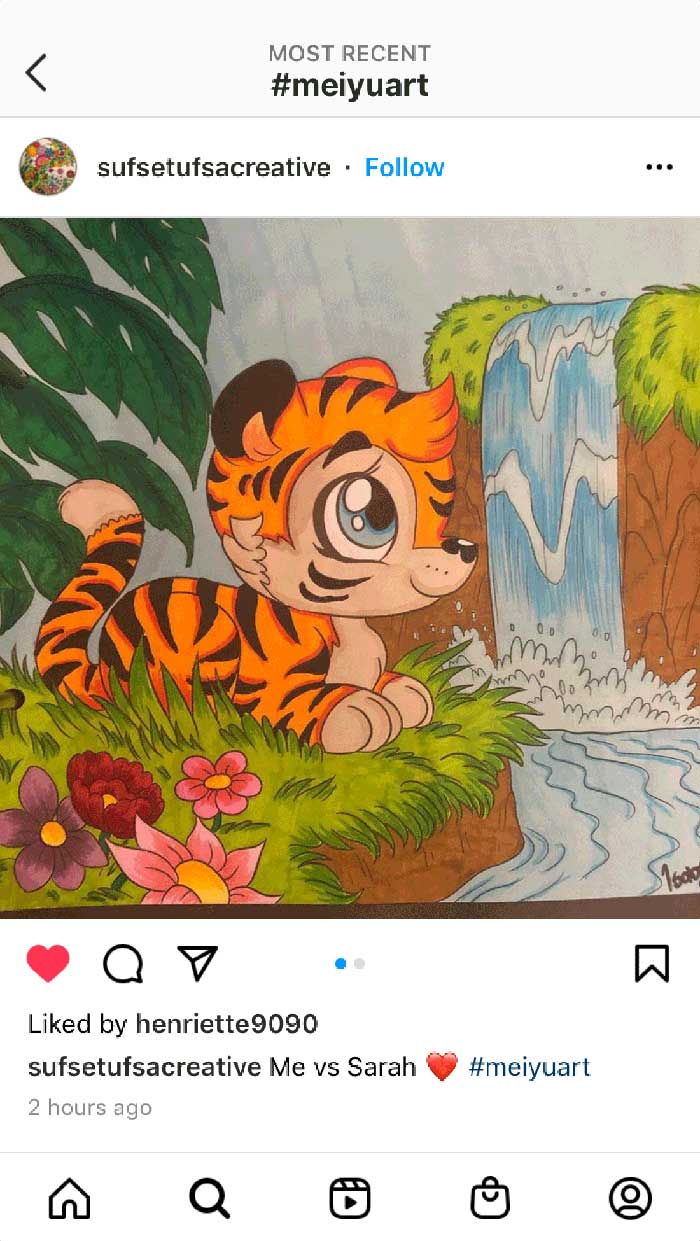 Fan coloring from Mei Yu's coloring books, featuring a cute chibi tiger.