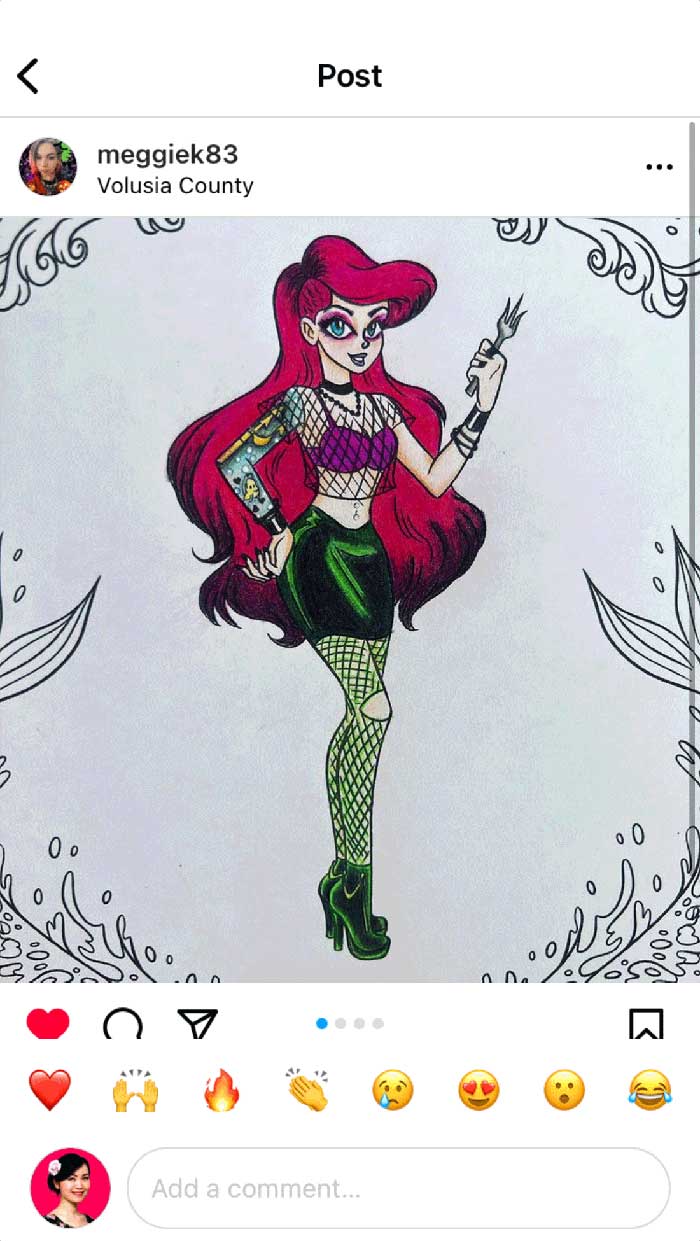 Fan coloring from Mei Yu's coloring books, featuring a pop culture princess reimagined as a goth.