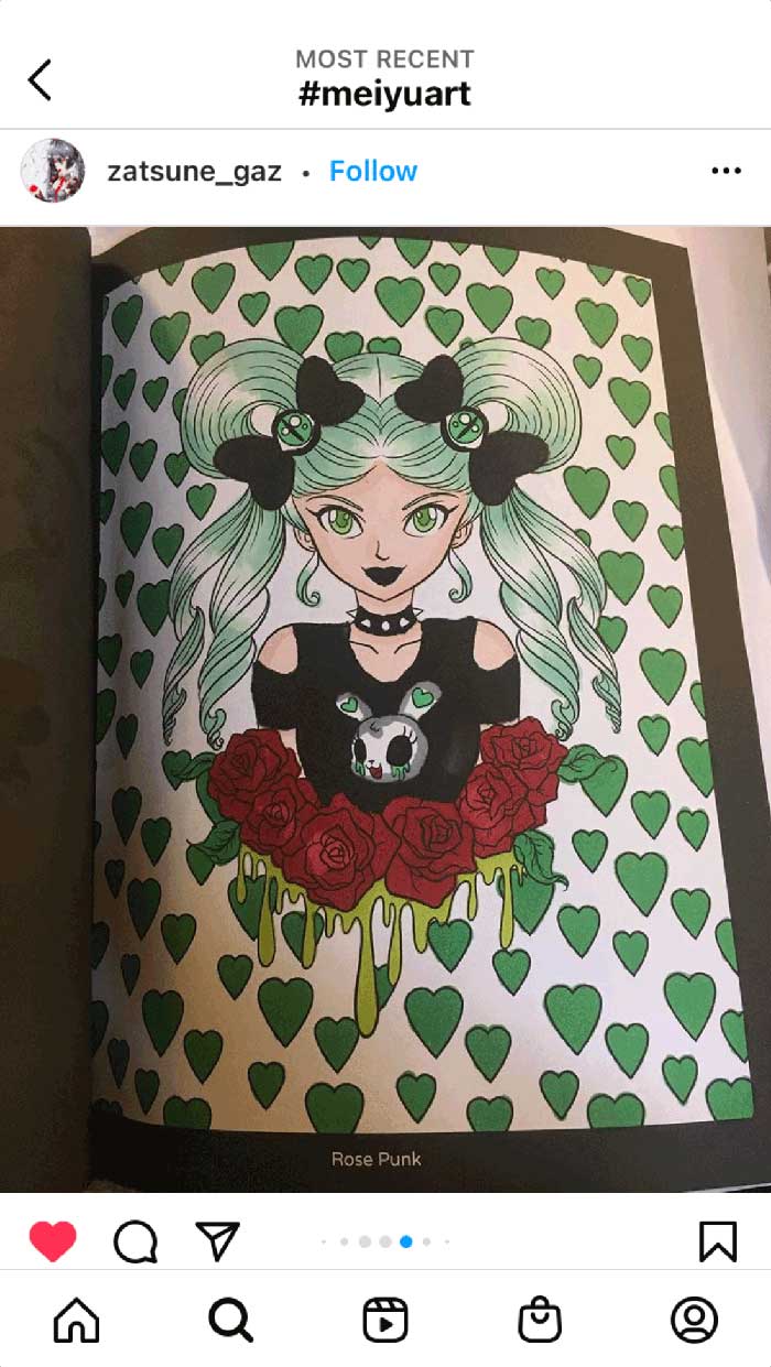 Fan coloring from Mei Yu's coloring books, featuring a gothic girl amongst roses.