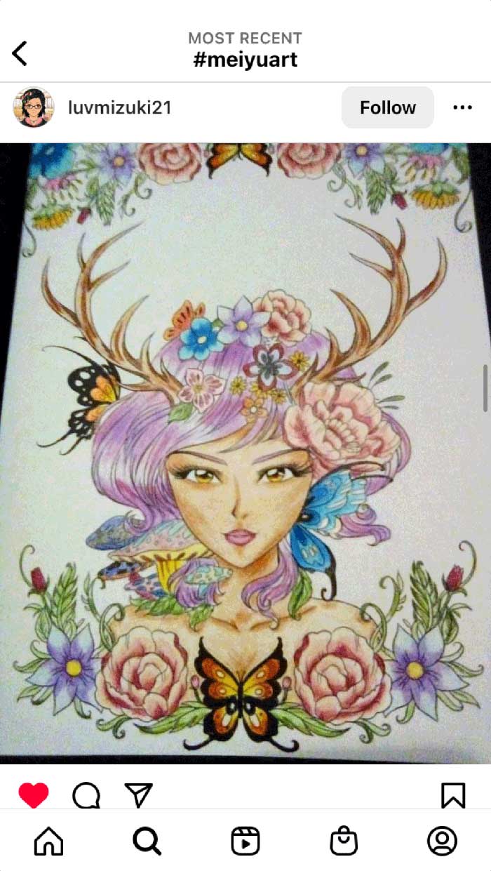 Fan coloring from Mei Yu's coloring books, featuring a forest goddess.
