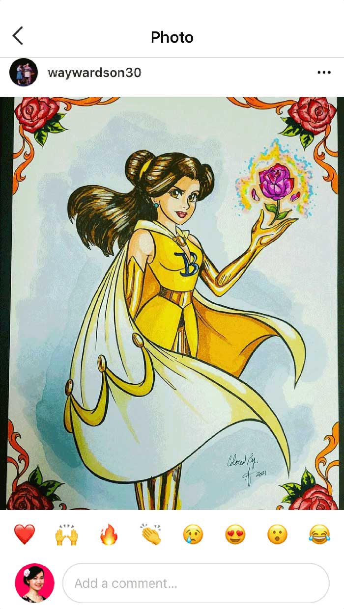 Fan coloring from Mei Yu's coloring books, featuring a pop culture princess reimagined as a superhero.