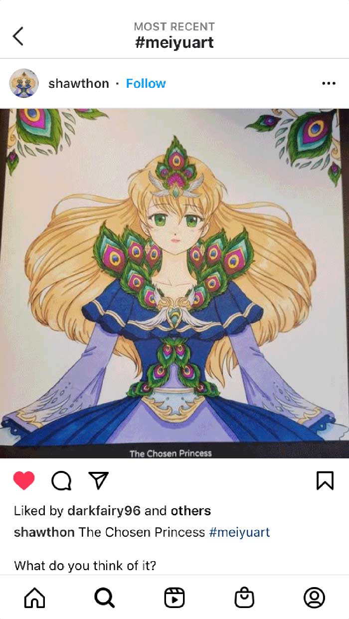 Fan coloring from Mei Yu's coloring books, featuring a beautiful princess in a peacock-inspired dress.