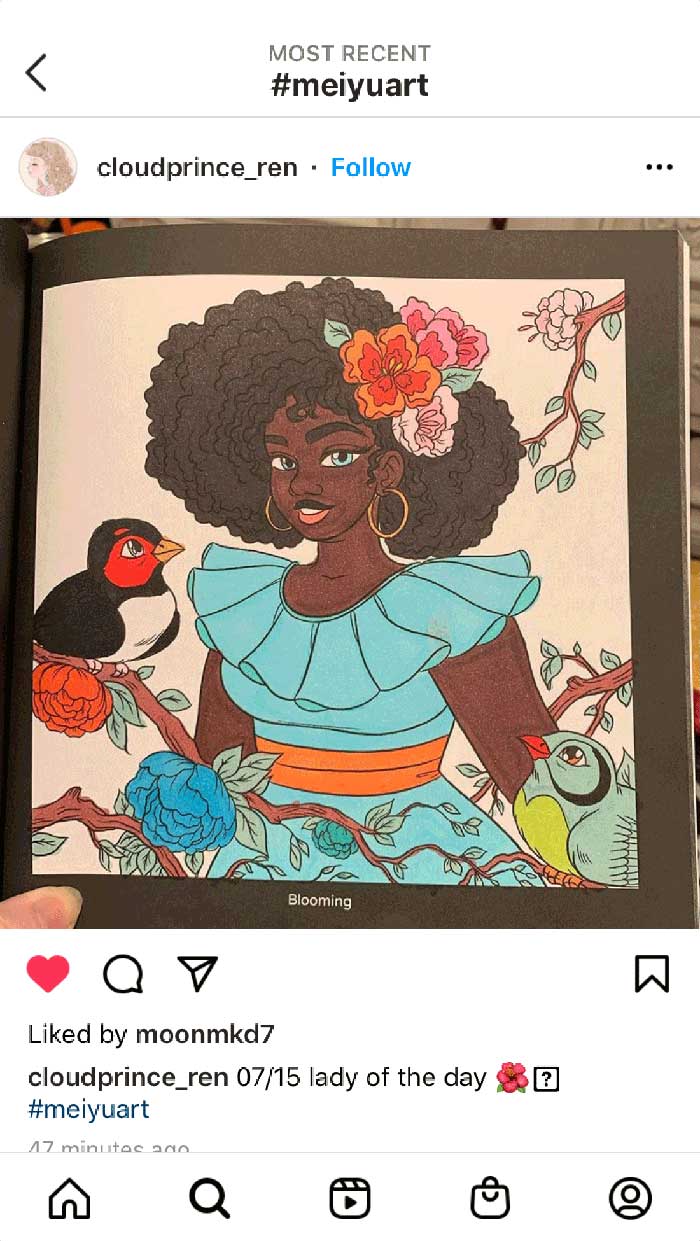 Fan coloring from Mei Yu's coloring books, featuring a beautiful woman in nature.