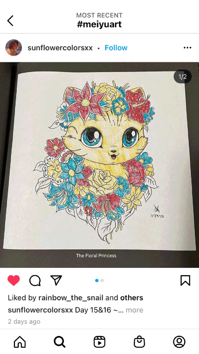 Fan coloring from Mei Yu's coloring books, featuring a super cute cat.