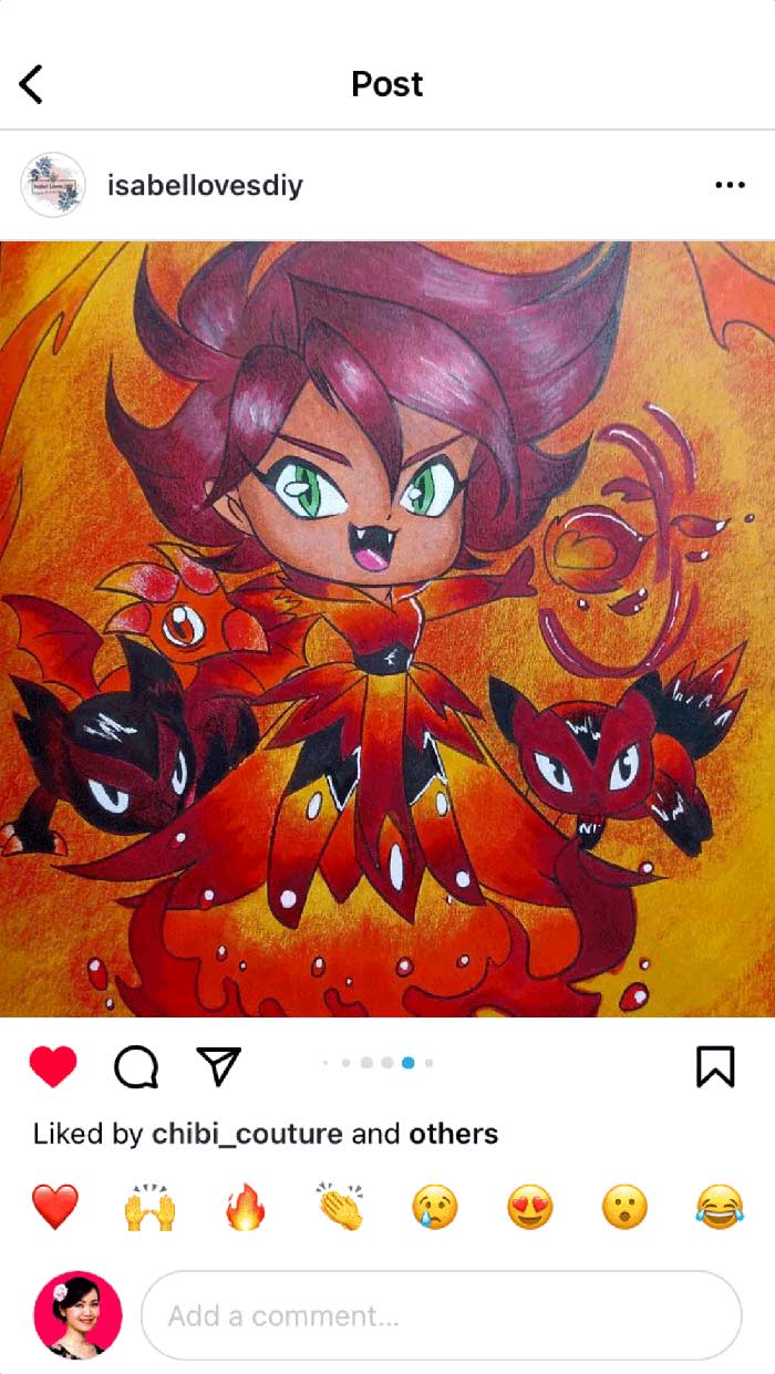 Fan coloring from Mei Yu's coloring books, featuring a cute demon girl chibi with her pet sidekicks.