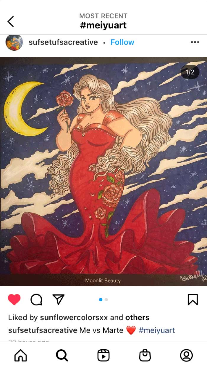 Fan coloring from Mei Yu's coloring books, featuring a glamourous, moonlit beauty.