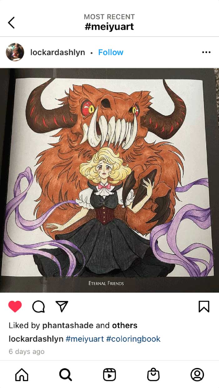 Fan coloring from Mei Yu's coloring books, featuring a gothic girl and her horror monster friend.