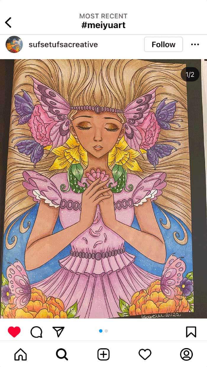 Fan coloring from Mei Yu's coloring books, featuring a beautiful goddess.