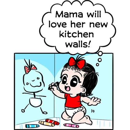 Cartoon drawing of Mei at age two, drawing on walls.