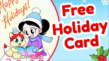 Free holiday card featuring Mei and Meiow from Mei Yu's graphic novel memoir series.