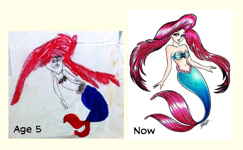 Comparison of Mei's drawing at age 5 and her redrawing now.