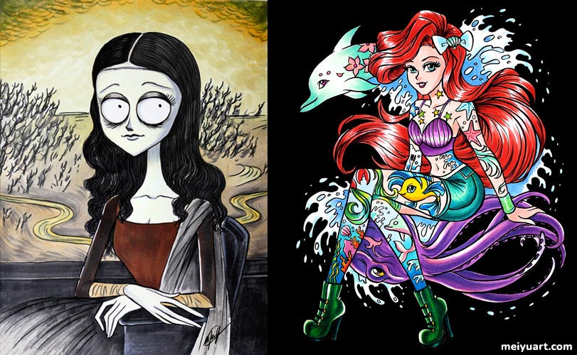 Samples of Mei's beautiful artwork, featuring reimaginings of pop culture.
